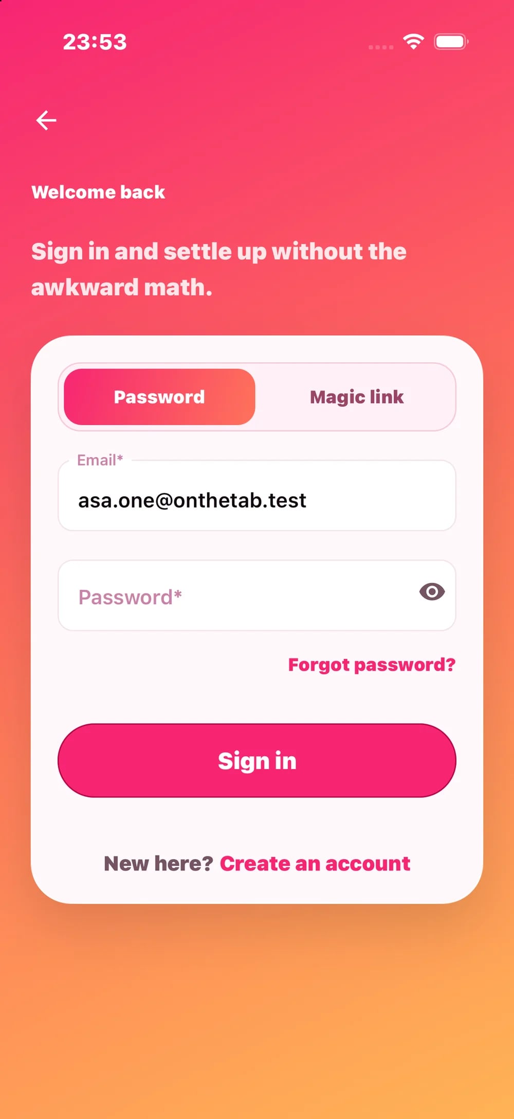 OnTheTab sign-in screen with password and magic link options