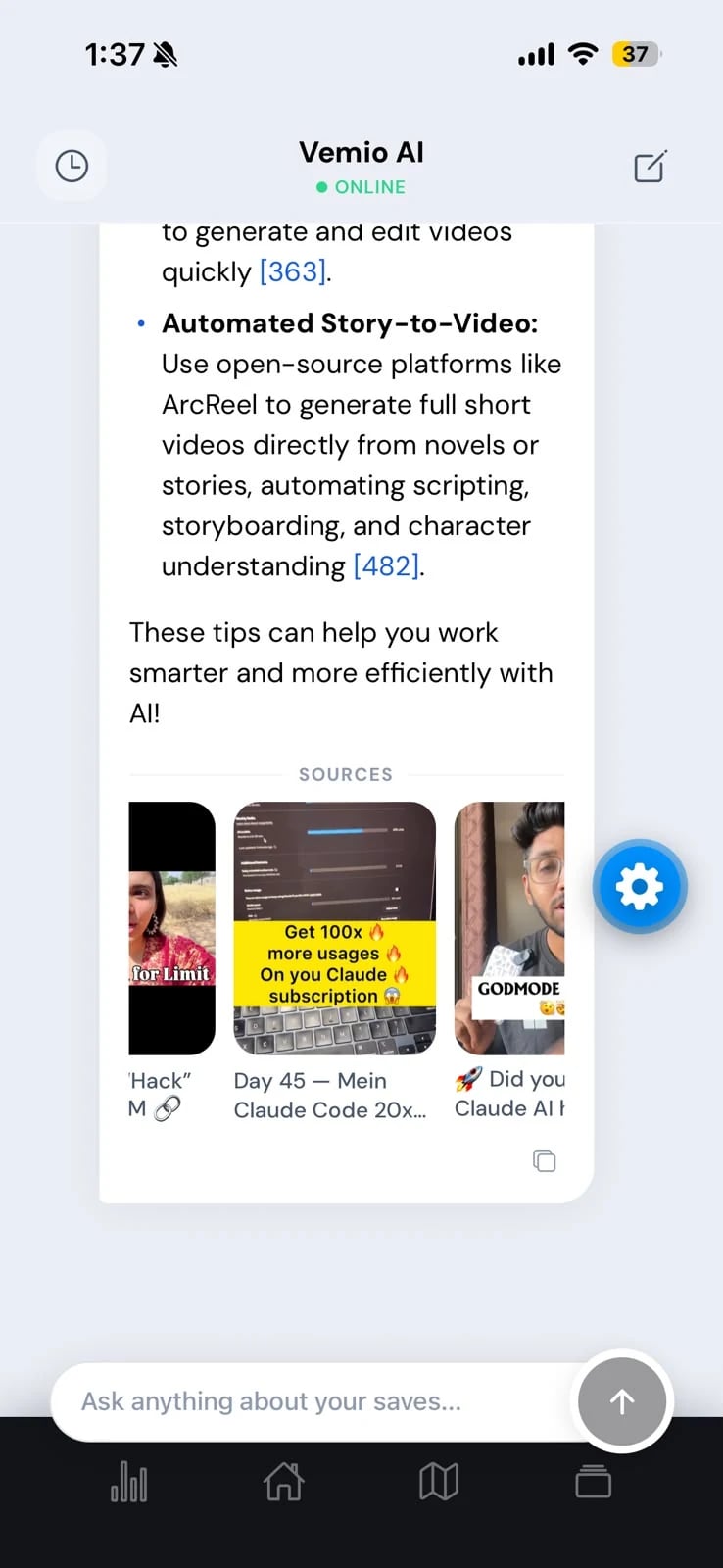 Vemio AI chat with multiple source thumbnails