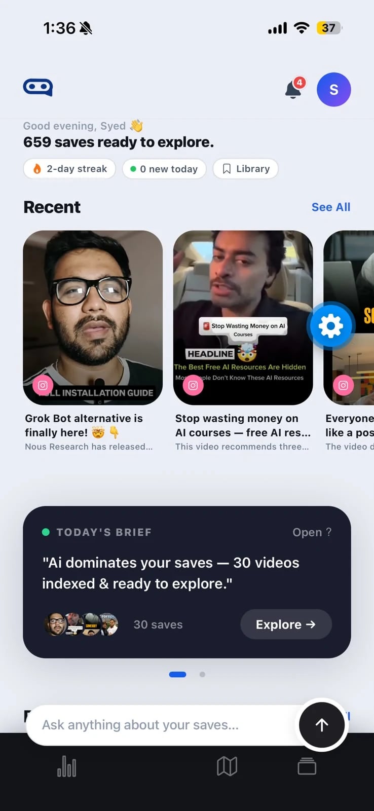 Vemio home screen showing recent saves and a daily brief