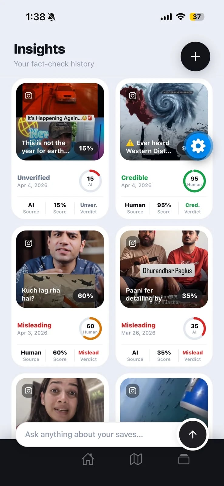 Vemio Insights list of fact-checked videos with trust scores